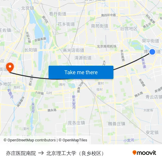 亦庄医院南院 to 北京理工大学（良乡校区） map