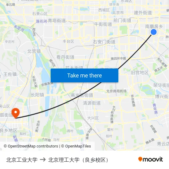 北京工业大学 to 北京理工大学（良乡校区） map