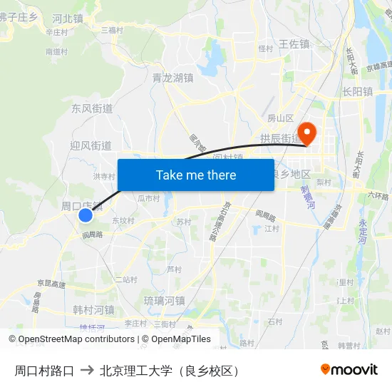 周口村路口 to 北京理工大学（良乡校区） map