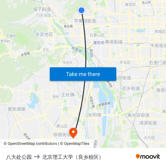 八大处公园 to 北京理工大学（良乡校区） map