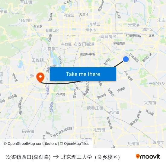 次渠镇西口(嘉创路) to 北京理工大学（良乡校区） map