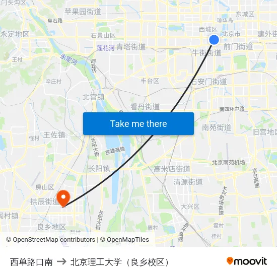 西单路口南 to 北京理工大学（良乡校区） map