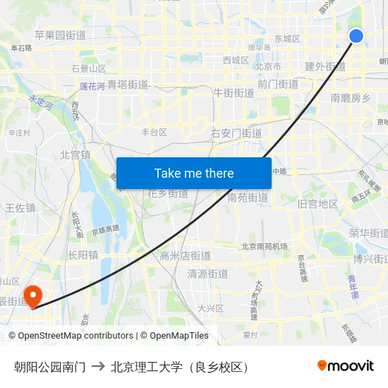 朝阳公园南门 to 北京理工大学（良乡校区） map