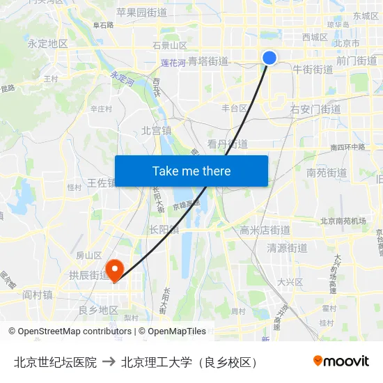 北京世纪坛医院 to 北京理工大学（良乡校区） map