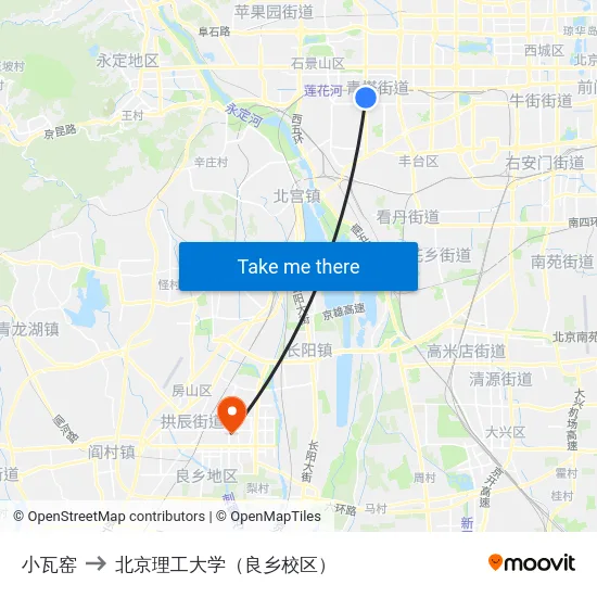 小瓦窑 to 北京理工大学（良乡校区） map