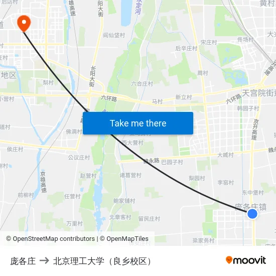 庞各庄 to 北京理工大学（良乡校区） map