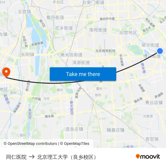 同仁医院 to 北京理工大学（良乡校区） map