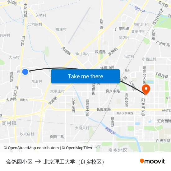 金鸽园小区 to 北京理工大学（良乡校区） map