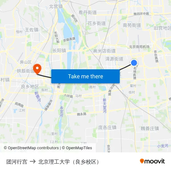 团河行宫 to 北京理工大学（良乡校区） map