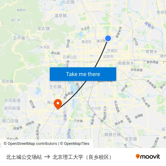 北土城公交场站 to 北京理工大学（良乡校区） map
