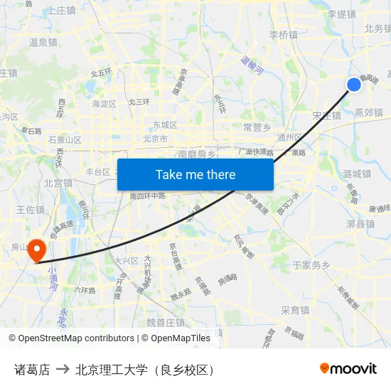 诸葛店 to 北京理工大学（良乡校区） map