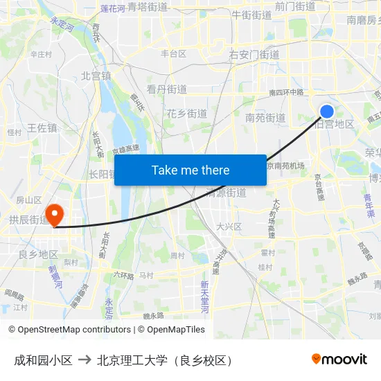 成和园小区 to 北京理工大学（良乡校区） map