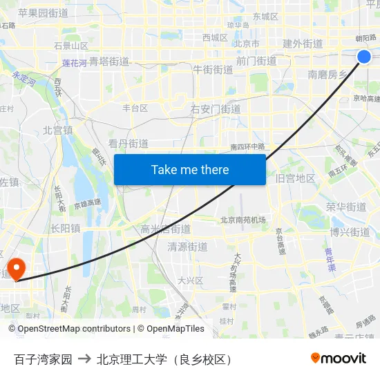 百子湾家园 to 北京理工大学（良乡校区） map