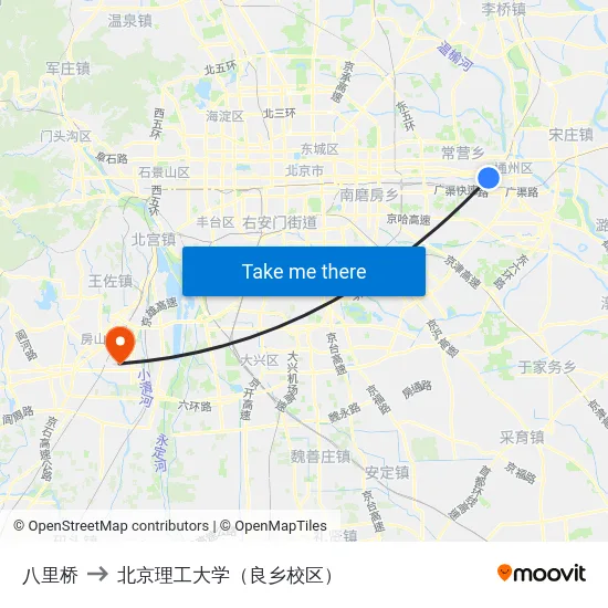 八里桥 to 北京理工大学（良乡校区） map