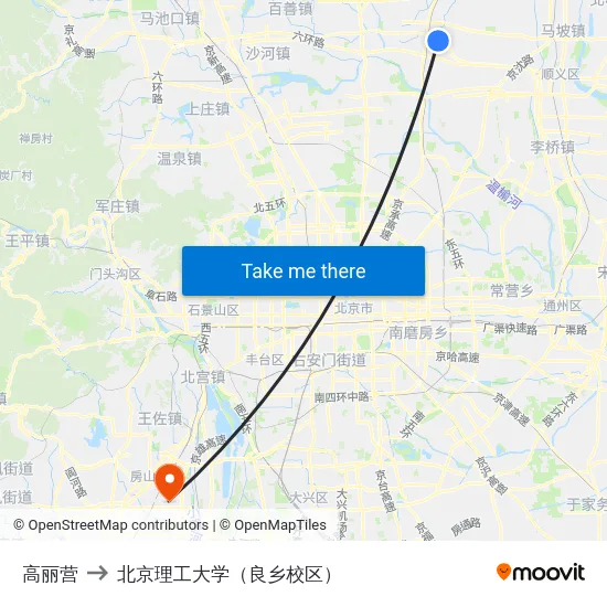 高丽营 to 北京理工大学（良乡校区） map
