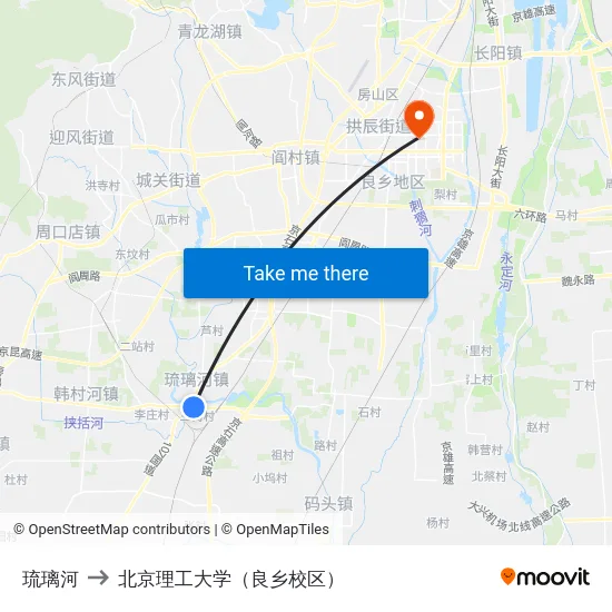 琉璃河 to 北京理工大学（良乡校区） map