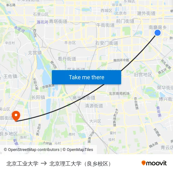 北京工业大学 to 北京理工大学（良乡校区） map