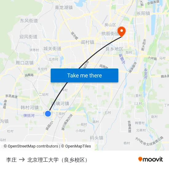李庄 to 北京理工大学（良乡校区） map