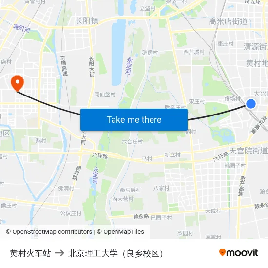 黄村火车站 to 北京理工大学（良乡校区） map