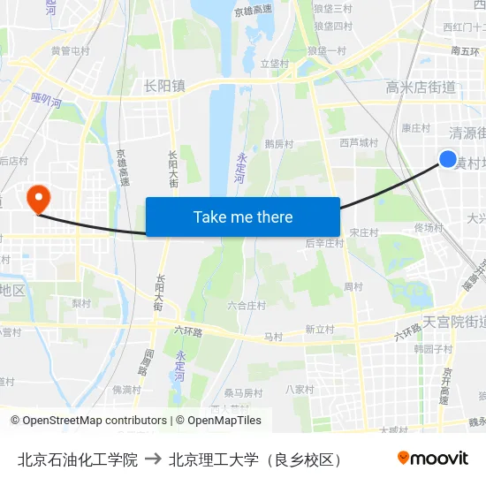 北京石油化工学院 to 北京理工大学（良乡校区） map