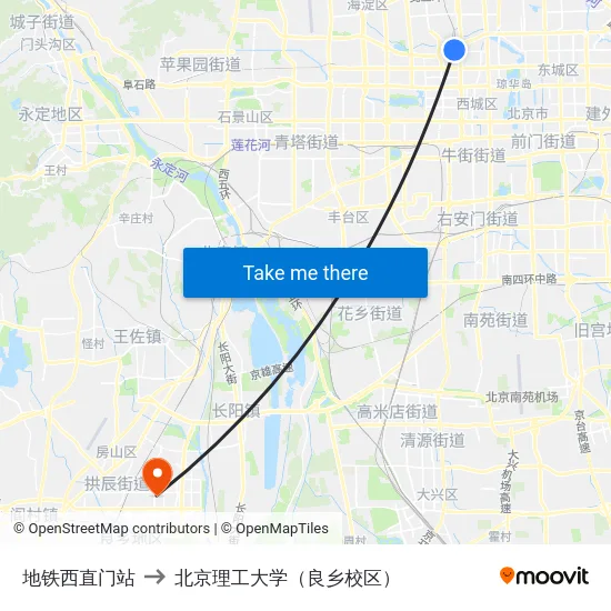 地铁西直门站 to 北京理工大学（良乡校区） map