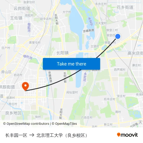 长丰园一区 to 北京理工大学（良乡校区） map