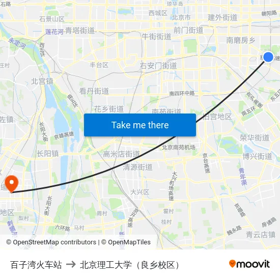 百子湾火车站 to 北京理工大学（良乡校区） map