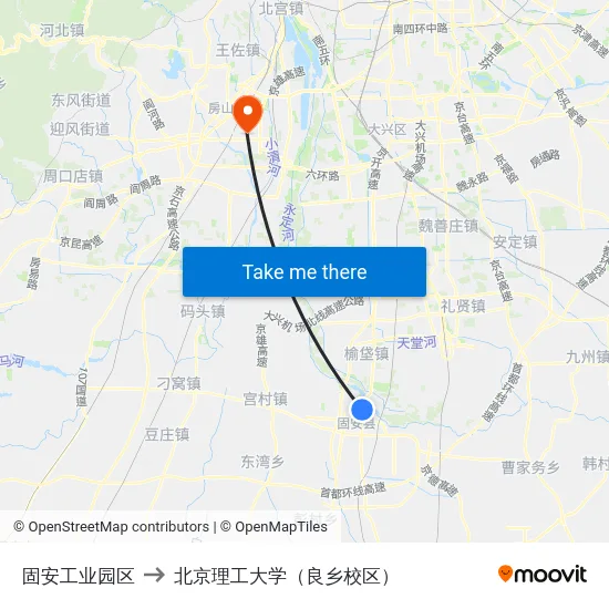 固安工业园区 to 北京理工大学（良乡校区） map