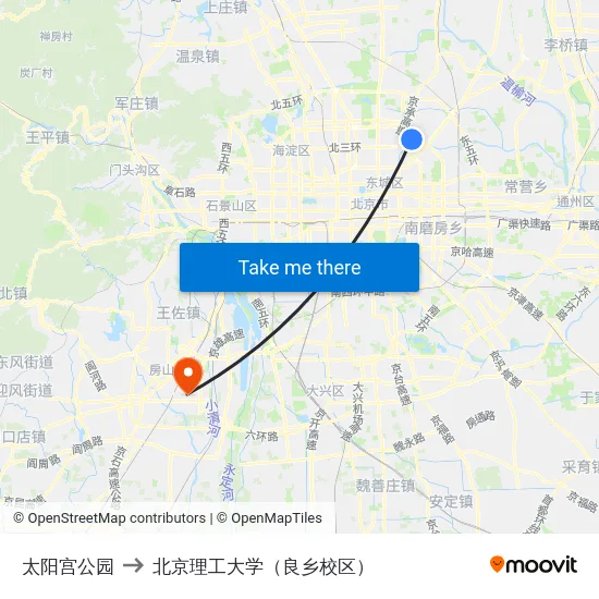太阳宫公园 to 北京理工大学（良乡校区） map