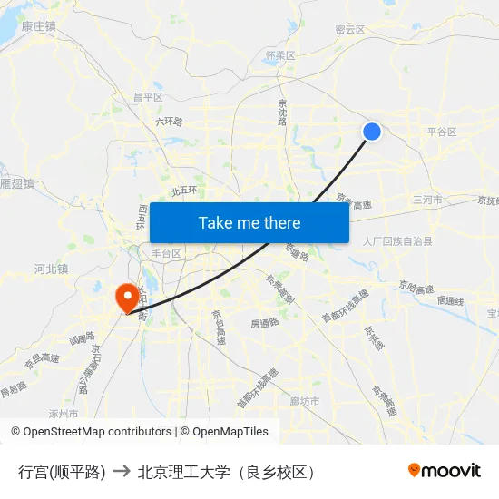 行宫(顺平路) to 北京理工大学（良乡校区） map