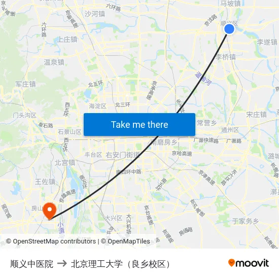 顺义中医院 to 北京理工大学（良乡校区） map