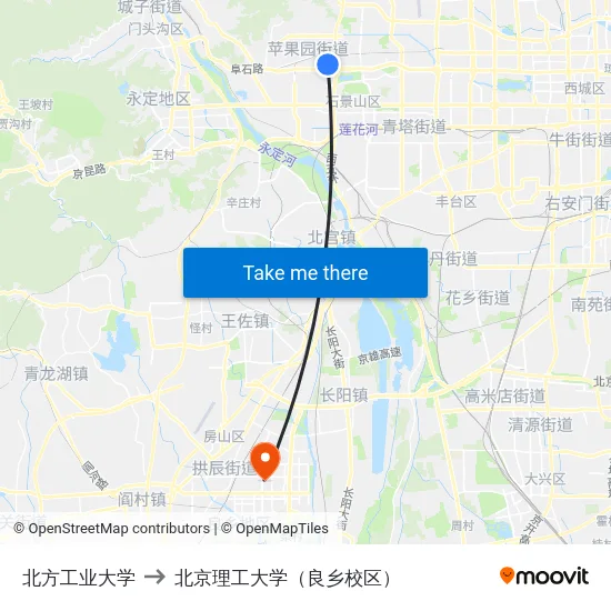 北方工业大学 to 北京理工大学（良乡校区） map