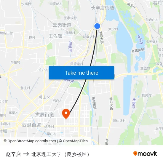 赵辛店 to 北京理工大学（良乡校区） map