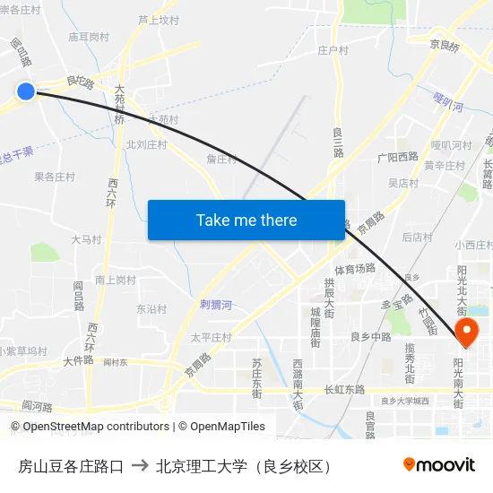 房山豆各庄路口 to 北京理工大学（良乡校区） map
