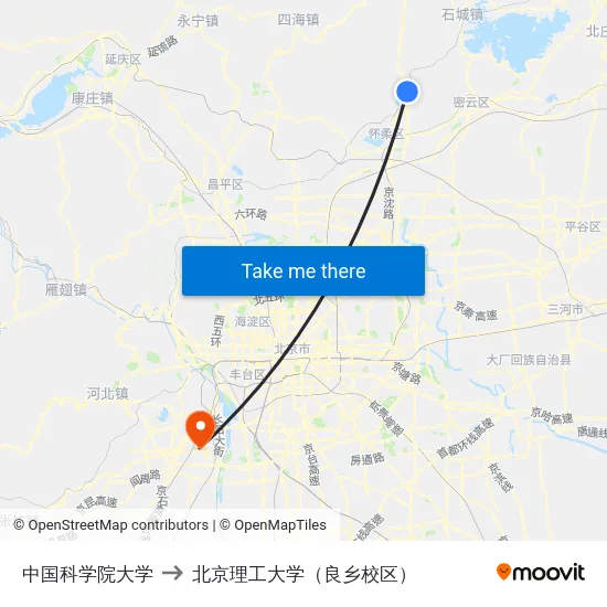 中国科学院大学 to 北京理工大学（良乡校区） map