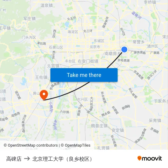 高碑店 to 北京理工大学（良乡校区） map