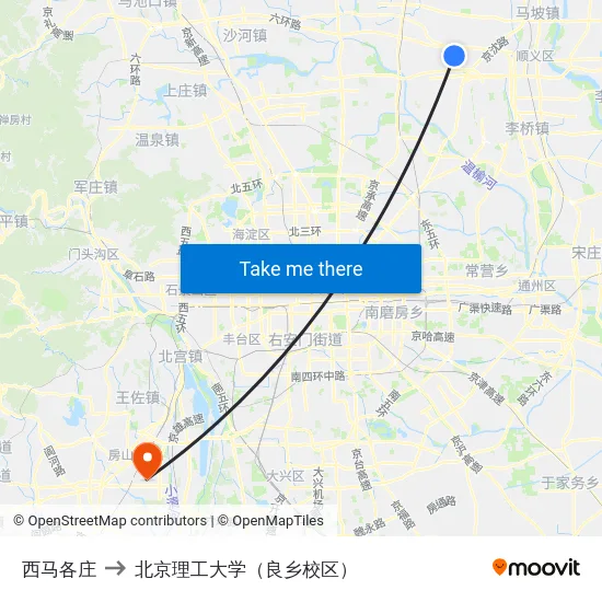 西马各庄 to 北京理工大学（良乡校区） map