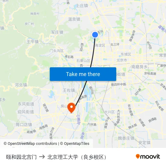 颐和园北宫门 to 北京理工大学（良乡校区） map