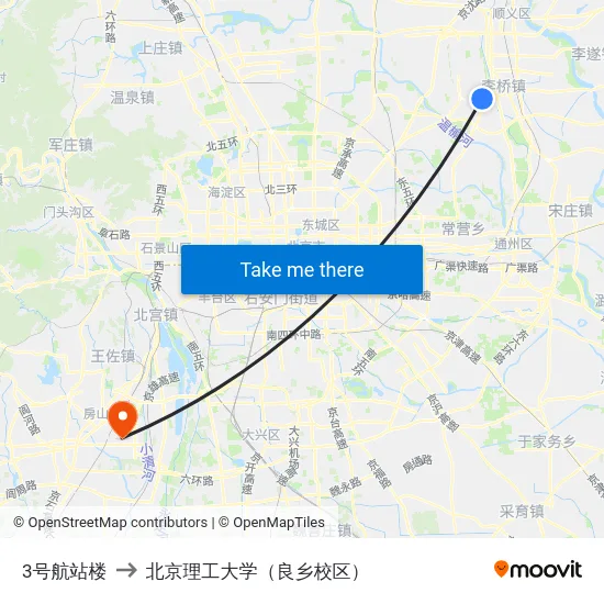 3号航站楼 to 北京理工大学（良乡校区） map