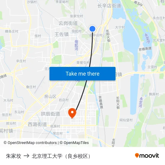 朱家坟 to 北京理工大学（良乡校区） map