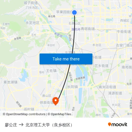 廖公庄 to 北京理工大学（良乡校区） map