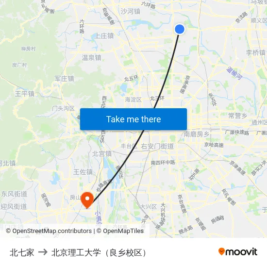 北七家 to 北京理工大学（良乡校区） map