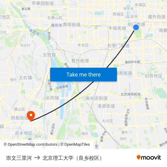 崇文三里河 to 北京理工大学（良乡校区） map