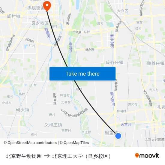 北京野生动物园 to 北京理工大学（良乡校区） map