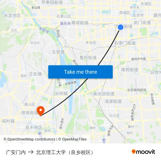 广安门内 to 北京理工大学（良乡校区） map