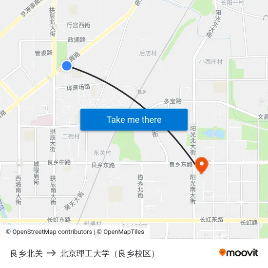 良乡北关 to 北京理工大学（良乡校区） map