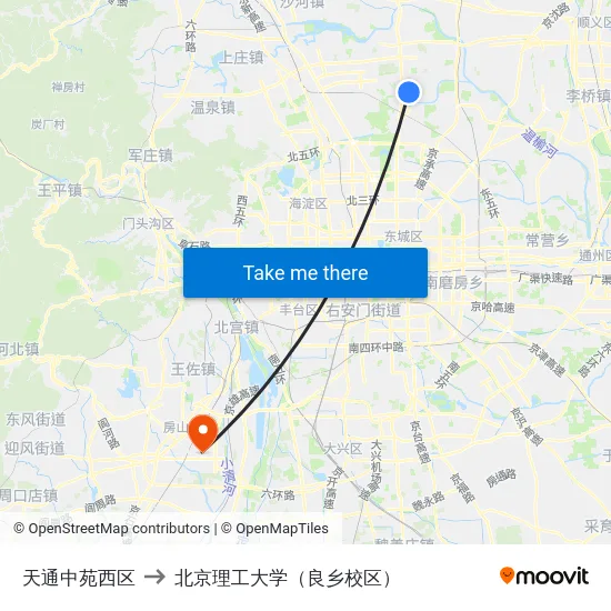 天通中苑西区 to 北京理工大学（良乡校区） map