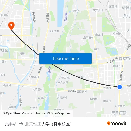 兆丰桥 to 北京理工大学（良乡校区） map
