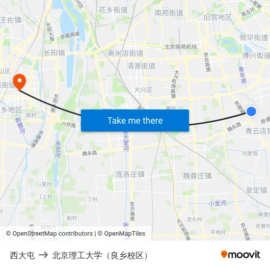 西大屯 to 北京理工大学（良乡校区） map