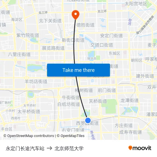 永定门长途汽车站 to 北京师范大学 map